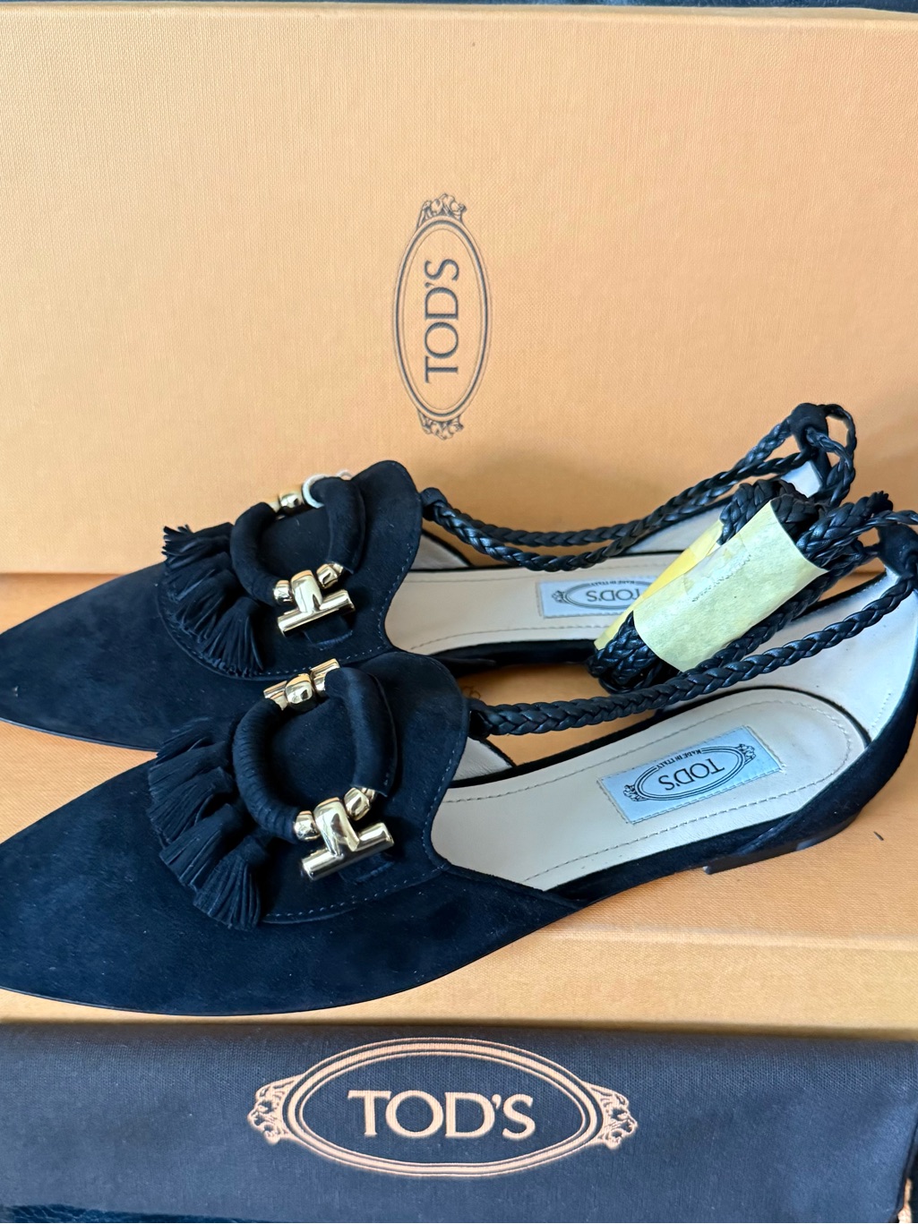Nib Tod’s Uoio Tassel Ballerina Flats Sandals Wraparound Laces Sz 36.5 Black